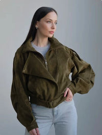 Damen Kurzjacke mit asymmetrischem Reißverschluss und tailliertem Schnitt - Olivgrün