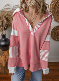 Damen Oversized V-Ausschnitt Gestreifter Sweatshirt - Pink