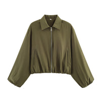 Damen Cropped Bomberjacke mit Ballonärmeln, elastischem Saum und Reverskragen Nord Taschen - Olivgrün