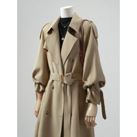 Damen Doppelreihiger Trenchcoat mit Taillengürtel und Ballonärmeln Nord Taschen - Khaki