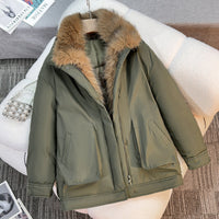 Damen mittellanger Winterparka mit abnehmbarem Kunstfellkragen - Grün