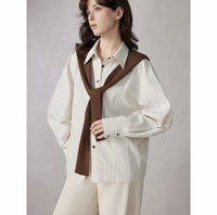 Damen Oversize-Hemdbluse mit feinen Nadelstreifen, weiten Ärmeln und lässigem Saum Nord Taschen - Beige-Kaffee (ohne Schultertuch)
