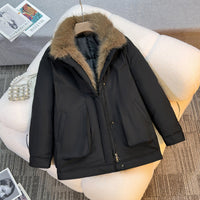 Damen mittellanger Winterparka mit abnehmbarem Kunstfellkragen - Schwarz