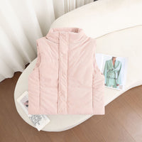 Damen kurze wattierte Steppweste mit hohem Stehkragen und Druckknopfblende - Pink