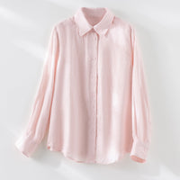 Damen Locker fallende Leinenmix-Bluse mit Hemdkragen und Manschetten Nord Taschen - Rosa