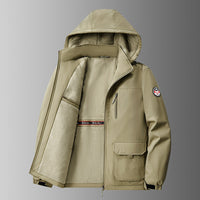 Herren gefütterte Softshell-Winterjacke mit Kapuze und Multifunktionstaschen - Khaki