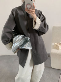 Damen Oversize-Mantel mit Stehkragen und kariertem Ärmelsaum Nord Taschen - Hellgrau
