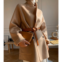 Damen Oversized Mantel mit Taillengürtel Nord Taschen - Camel