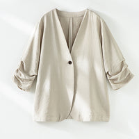 Damen Leichter Oversize-Blazer mit V-Ausschnitt, Ein-Knopf-Verschluss und gerafften Dreiviertelärmeln Nord Taschen - Beiger Anzug