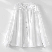 Damen Bluse mit gerafftem Rundhalsausschnitt und durchgehender Knopfleiste Nord Taschen - Weiß