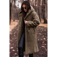 Damen Teddymantel mit Kapuze und großen Knöpfen - Khaki