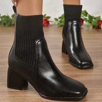 Damen Schlupf-Stiefeletten mit Blockabsatz und Strickschaft - Schwarz