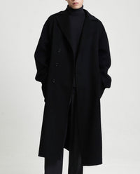 Herren Oversize Doppelreiher Wollmantel mit weitem Schnitt und klassischem Revers Nord Taschen - Schwarz (100% Wolle)