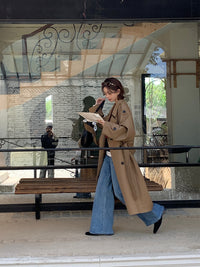 Damen Langer Trenchcoat im Oversize‑Look mit Bindegürtel und Schulterpatten Nord Taschen - Khaki