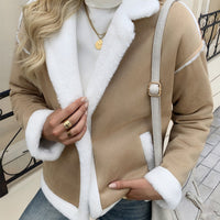 Damen Teddyfelljacke mit Reverskragen und praktischen Taschen - Khaki