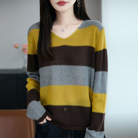 Damen Pullover mit V-Ausschnitt und Streifen - Gelb gestreift
