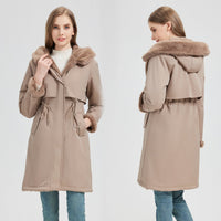 Damen langer Parka mit abnehmbarer Kapuze und taillenverstellbarem Kordelzug - Khaki