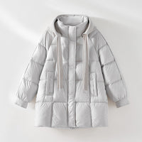 Damen wattierte Steppjacke mit Kapuze Rippkragen weitem Schnitt und Midilänge Nord Taschen - Grau