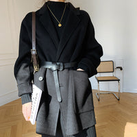 Damen Oversized Mantel mit Taillengürtel Nord Taschen - Schwarz