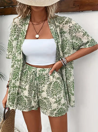 Hana | Damen Kimono-Set Shorts Blumenmuster Sommer - Grün