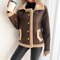 Damen Teddyfelljacke mit Knopfleiste und Seitentaschen - Braun