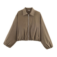 Damen Cropped Bomberjacke mit Ballonärmeln, elastischem Saum und Reverskragen Nord Taschen - Camel