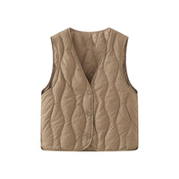 Damen gesteppte Thermoweste mit V-Ausschnitt und Druckknopfleiste - Khaki