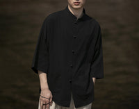 Herren Oversize Hemd im Kimono-Stil aus Leinen-Baumwollmix mit Stehkragen Nord Taschen - Schwarz