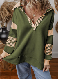 Damen Oversized V-Ausschnitt Gestreifter Sweatshirt - Grün
