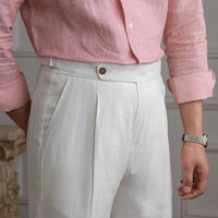 Herren Leinenhose mit hoher Taille, Bundfalten und verstellbarem Seitenriegel Nord Taschen - Weiß
