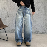 Herren Extraweite Baggy-Denimhose mit hohem Bund, markanten Whisker-Falten und tiefem Schritt Nord Taschen - Blau