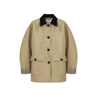 Damen Kurztrenchjacke mit Karofutter und Kontrastkragen Nord Taschen - Khaki