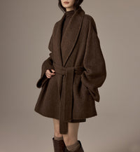 Damen Oversized Wollmantel mit Gürtel Nord Taschen - Schokolade