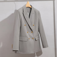 Damen Doppelreihiger Tailoring-Blazer mit Goldknöpfen und figurformenden Abnähern Nord Taschen - Graues Oberteil
