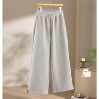 Damen weite French‑Terry Lounge-Sweatpant mit hohem Bund, Kordelzug und seitlichen Schlitzen Nord Taschen - Mittelgraue Leinenhose