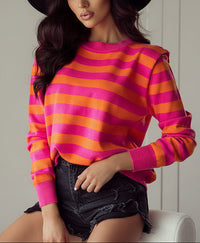 Damen gestreifter pullover, Rundhals und Langarm - Knallpink