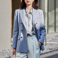 Damen Doppelreihiger taillierter Wollblazer mit Struktur und verstärkten Schultern Nord Taschen - Blau