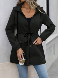 Damen wasserabweisende Übergangsjacke mit Taillenzug und Kapuze - Schwarz