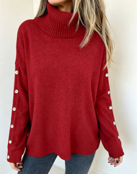 Mara | Damen Oversized Langarm-Turtleneck-Pullover mit Knöpfen - Burgunder