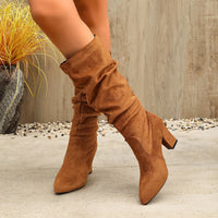 Damen Overkneestiefel mit Leopardenmuster und Blockabsatz - Camel