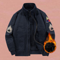 Herren Bomberjacke im Militärstil mit Patches und verdecktem Reißverschluss - Dunkelblau Gefüttert