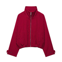 Damen Cropped Übergangsjacke mit hohem Stehkragen, Karomuster und elastischem Saum Nord Taschen - Rot