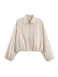 Damen Cropped Bomberjacke mit Ballonärmeln, elastischem Saum und Reverskragen Nord Taschen - Milchweiß