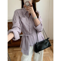 Damen Weit geschnittene Leinen‑Hemdbluse mit Taillengürtel und Brusttasche Nord Taschen - Violettlila