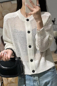 Damen Mesh-Cardigan mit Rundhalsausschnitt, Knopfleiste und langen Ärmeln - Weiß
