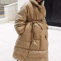 Damen Longline-Parka mit Wickelgürtel und voluminösen Ärmeln - Khaki