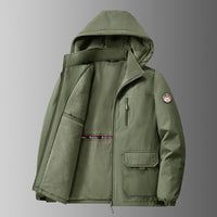 Herren gefütterte Softshell-Winterjacke mit Kapuze und Multifunktionstaschen - Olivgrün