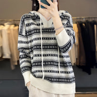 Damen Oversized Hoodie mit V-Ausschnitt und Kordelzug - Schwarz-Weiß