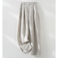 Damen Weite Leinenhose mit Bundfalten hoher Taille und elastischem Rückenteil Nord Taschen - Rauchgraue Hose