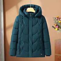 Damen gesteppte Thermo-Outdoorjacke mit Kapuze und Blumenstickerei - Blau